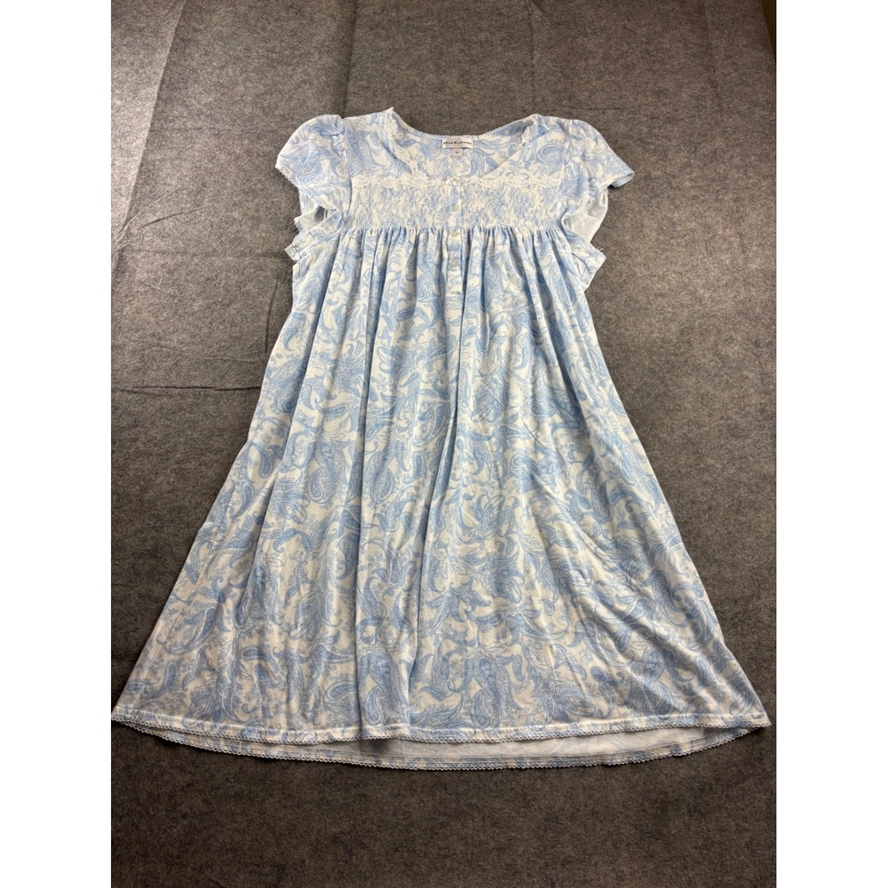Miss Elaine Blue Paisley Cotton Blend Smocked Nightgown XL Cottagecore Whimsy